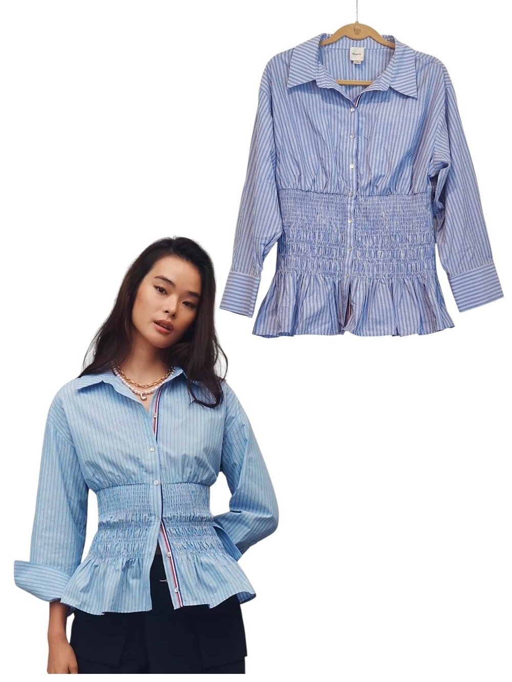 Anthropologie Maeve Blue White Pinstripe Smocked Peplum Button Front Top 1X EUC
